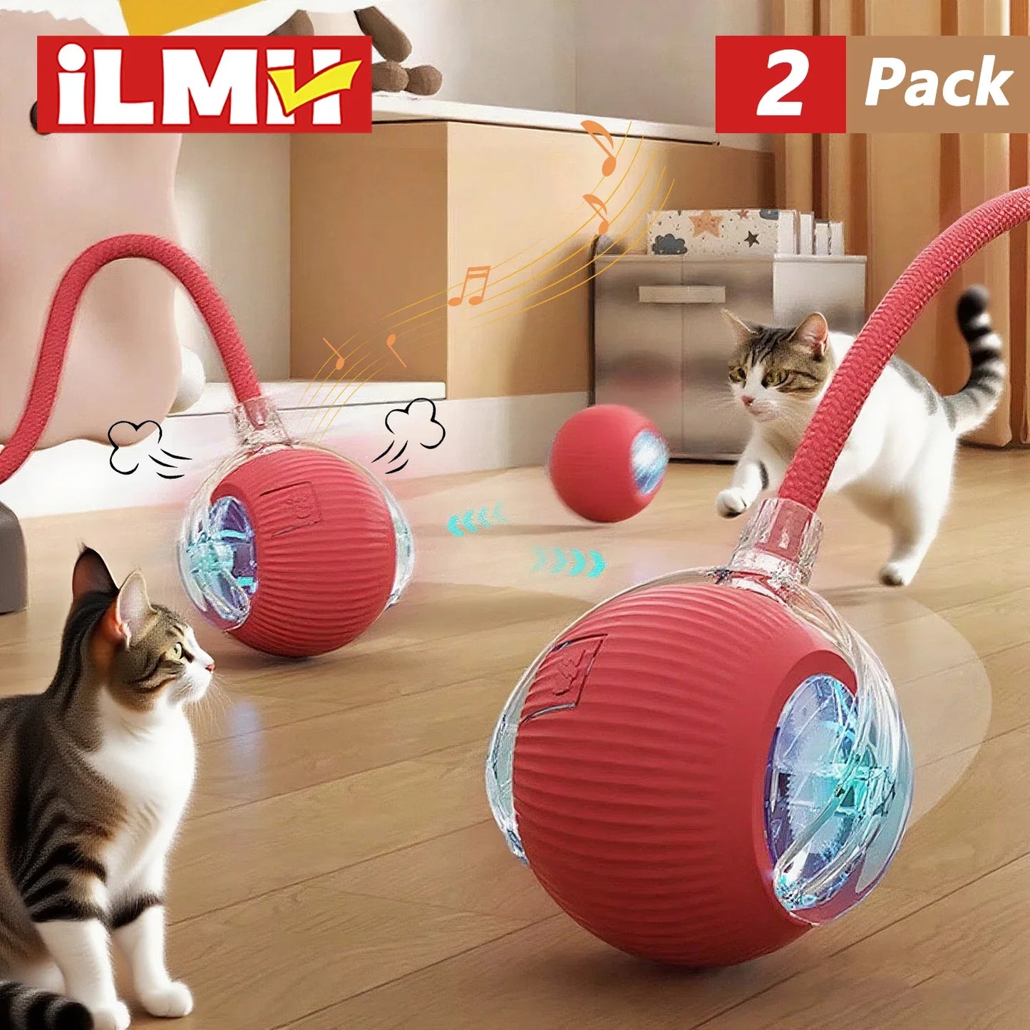 2-Pack Smart Cat Toy Balls – Auto Rolling Rechargeable Toys with Faux Tail for Indoor Play & Training